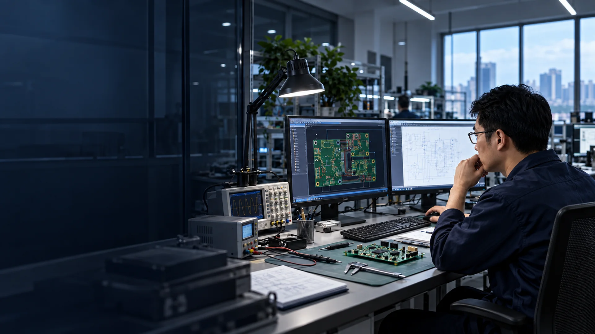 Electronics engineer reviewing PCB design and prototype validation in Shenzhen