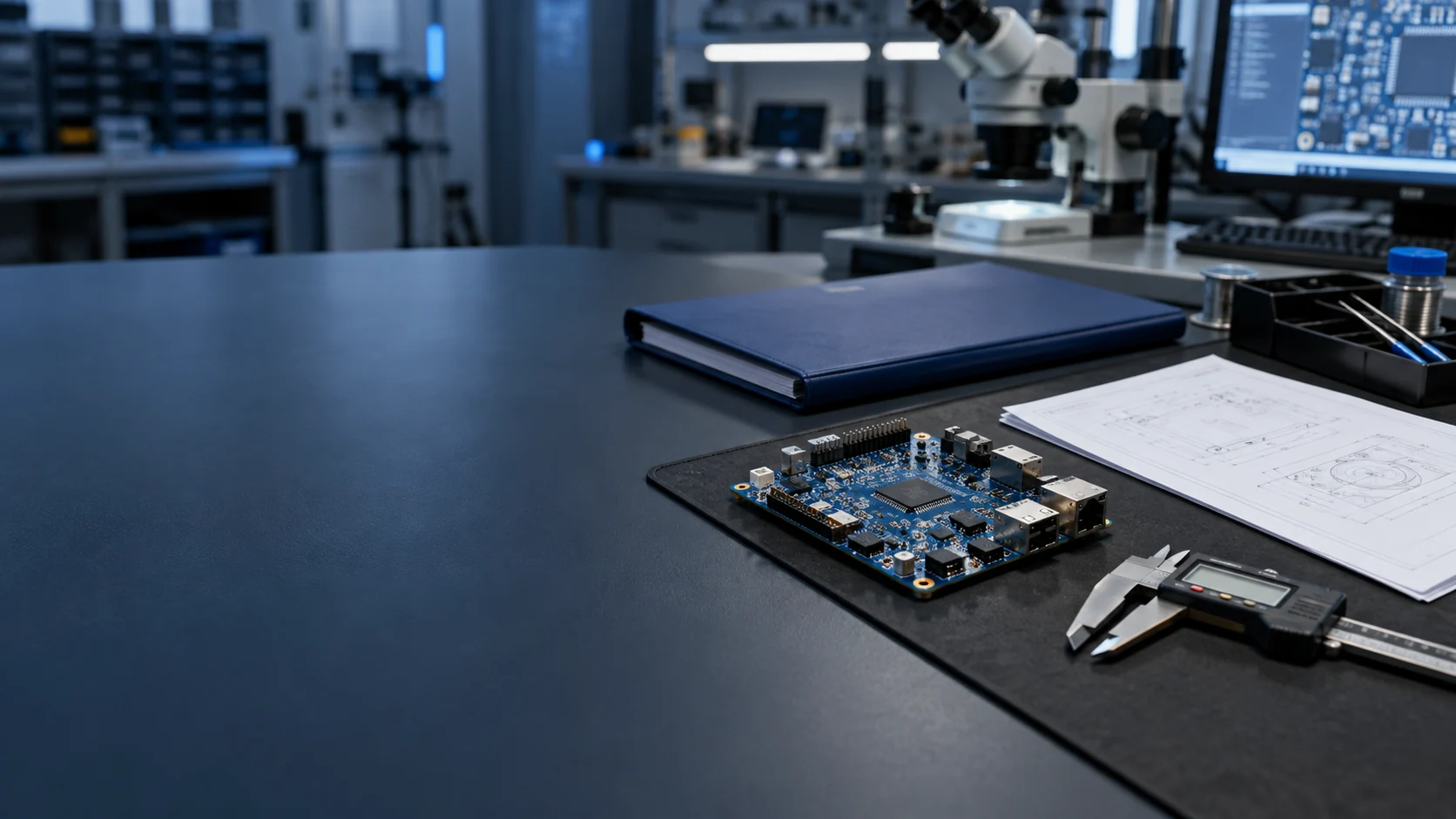 Concept illustration of a PCB, project folder and drawings at an engineering review bench