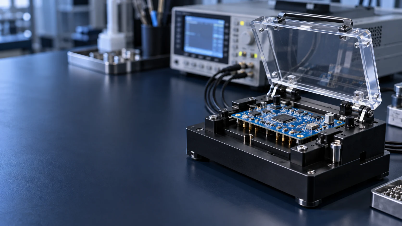Concept illustration of a PCBA functional test fixture in a laboratory